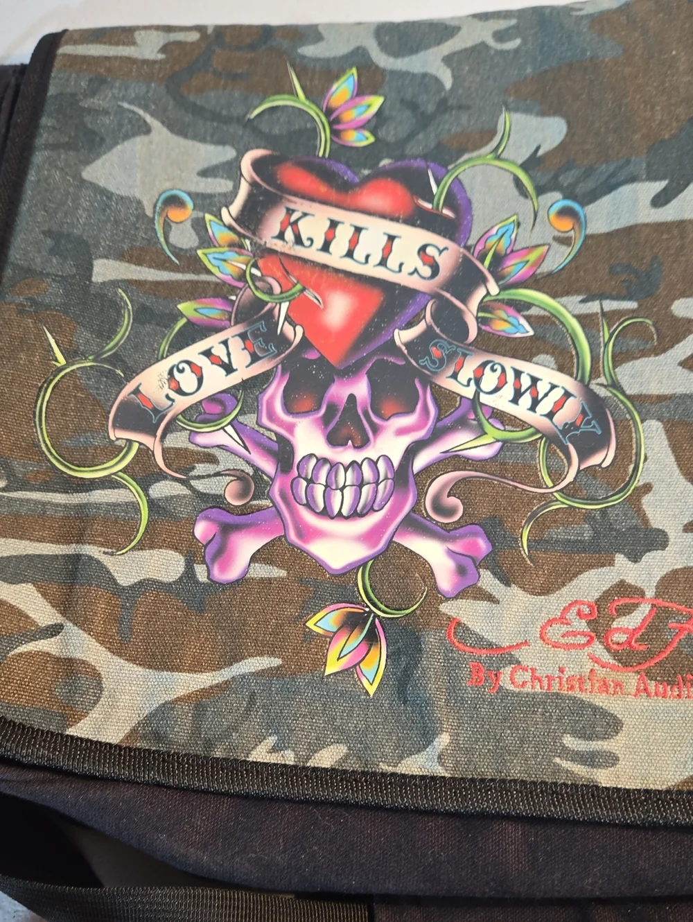 Ed Hardy Camo Messenger Bag with Purple Skull Graphic
